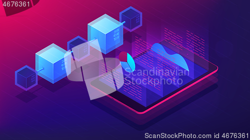 Image of Isometric blockchain white paper and ICO analysis concept.