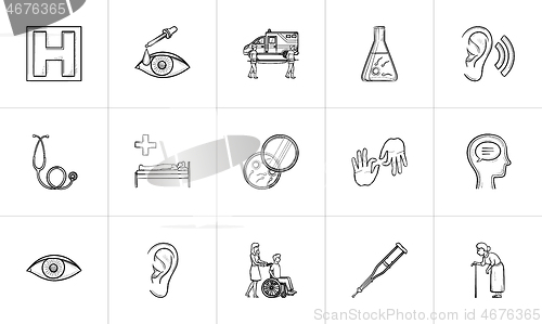 Image of Medicine hand drawn outline doodle icon set.