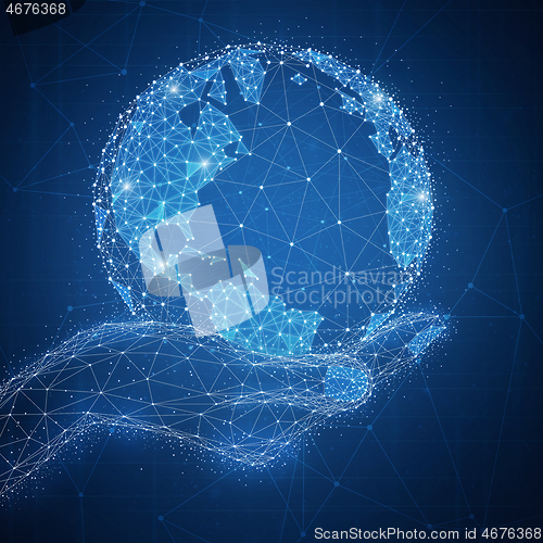 Image of Blockchain technology futuristic hud banner with globe in a hand