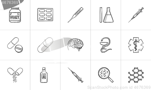 Image of Medicine hand drawn outline doodle icon set.