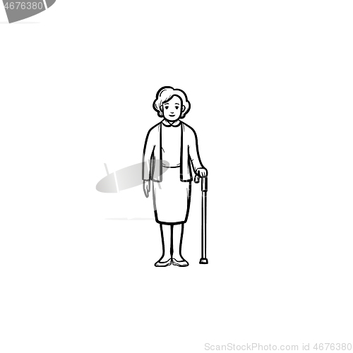 Image of Pensioner woman with cane hand drawn outline doodle icon.