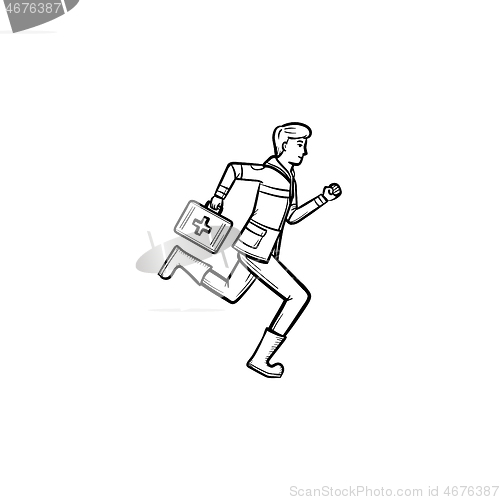 Image of Doctor running with first aid kit hand drawn outline doodle icon.