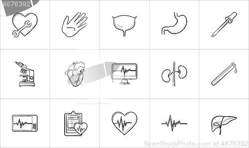 Image of Medicine hand drawn outline doodle icon set.