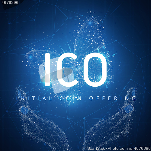 Image of ICO initial coin offering hud banner with hands and butterfly