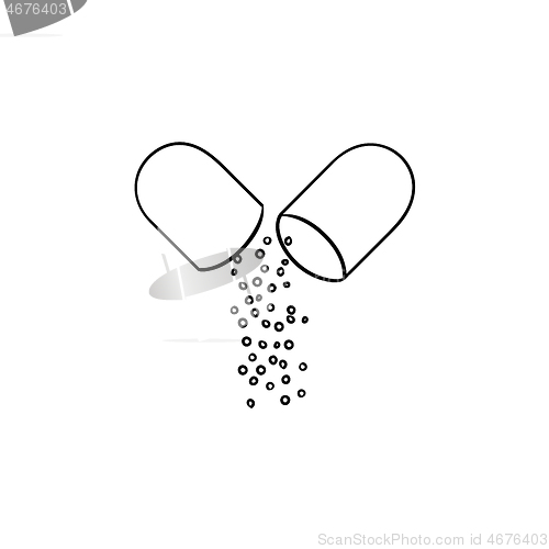 Image of Opened capsule pill hand drawn outline doodle icon.