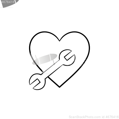 Image of A heart shape with a wrench hand drawn outline doodle icon.