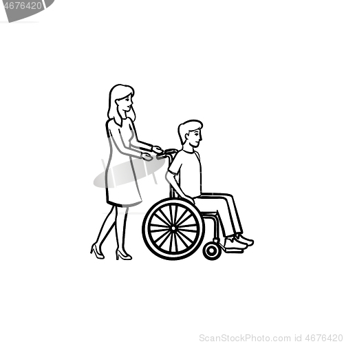 Image of Disable person in wheelchair hand drawn outline doodle icon.