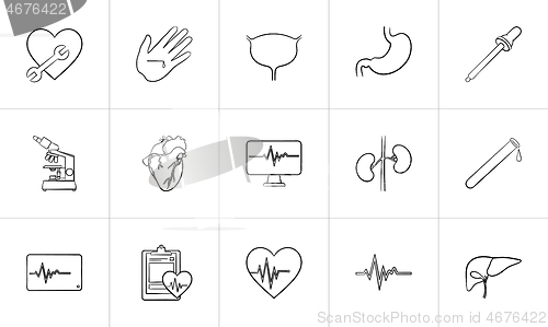 Image of Medicine hand drawn outline doodle icon set.