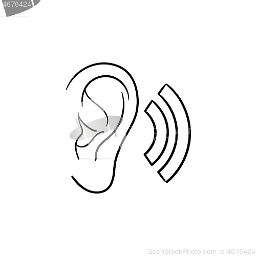 Image of Human ear with sound waves hand drawn outline doodle icon.