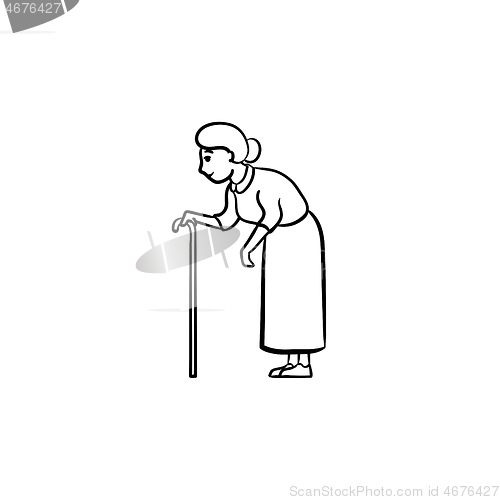 Image of An old woman with cane hand drawn outline doodle icon.