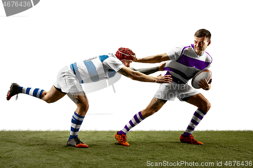 Image of The silhouette of two caucasian rugby male players isolated on white background