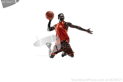 Image of Full length portrait of a basketball player with ball