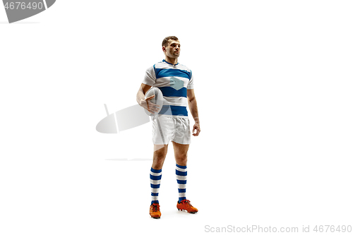 Image of The silhouette of one caucasian rugby man player isolated on white background