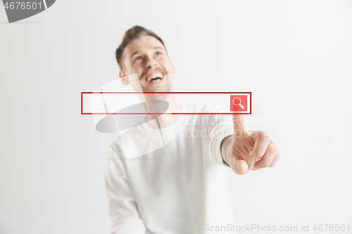 Image of Businessman hand touching empty virtual screen