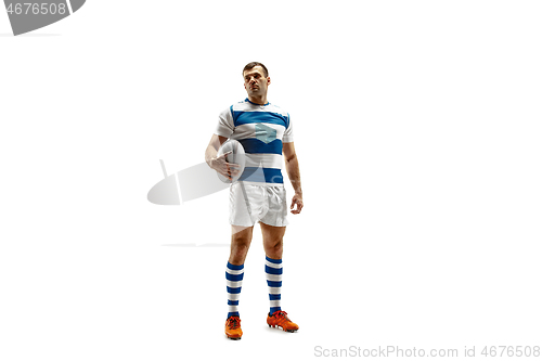 Image of The silhouette of one caucasian rugby man player isolated on white background