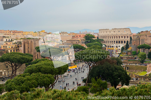 Image of ROME, ITALY - APRILL 21, 2019: erial scenic view of Rome, Italy. Scenery of Roma city
