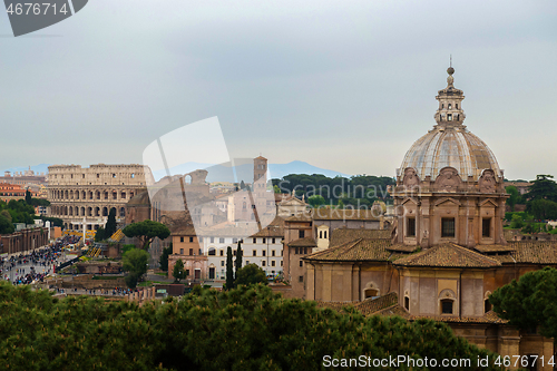 Image of ROME, ITALY - APRILL 21, 2019: erial scenic view of Rome, Italy. Scenery of Roma city