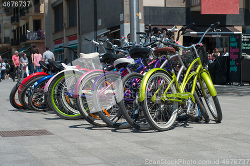 Image of BARCELONA, SPAIN - JUNE 2, 2013: Parking with bicycles bicycles in Spain