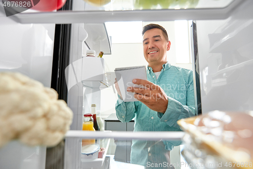 Image of man making list of necessary food at home fridge