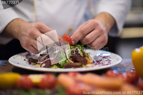 Image of cook chef decorating garnishing prepared meal