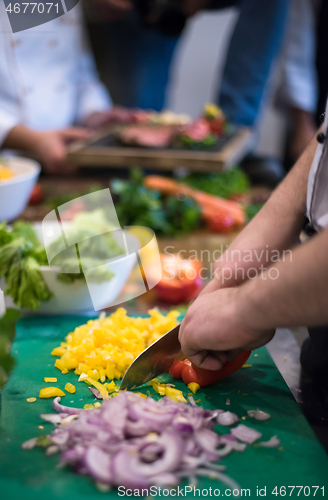 Image of Chef hands cutting fresh and delicious vegetables