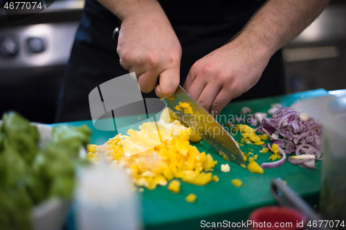 Image of Chef hands cutting fresh and delicious vegetables