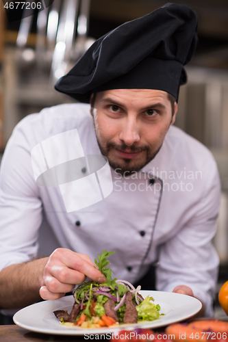 Image of cook chef decorating garnishing prepared meal