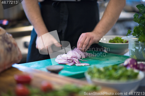 Image of Chef  hands cutting the onion with knife