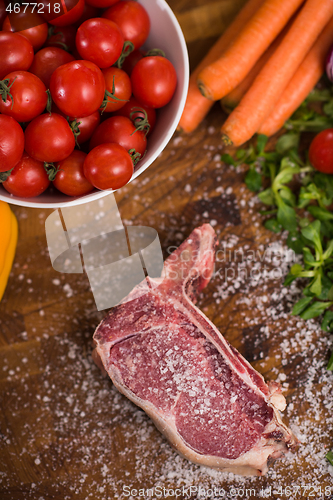 Image of top view of raw steak on wooden table