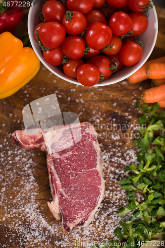 Image of top view of raw steak on wooden table