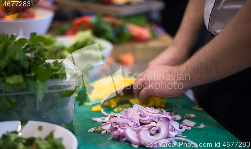 Image of Chef hands cutting fresh and delicious vegetables