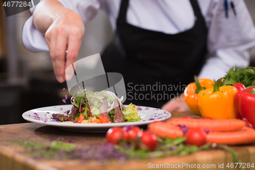 Image of cook chef decorating garnishing prepared meal