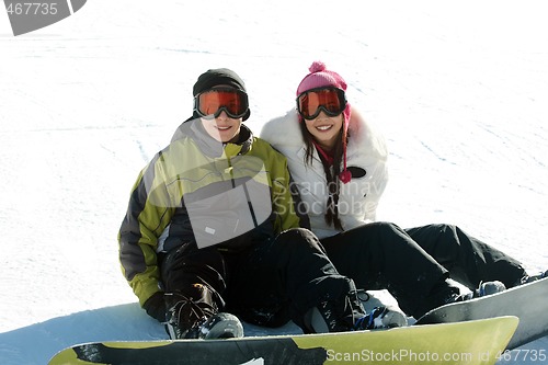 Image of Couple teen snowboarders