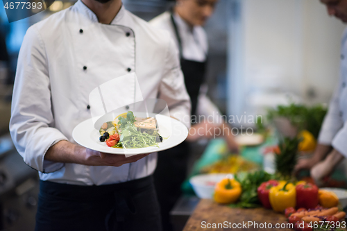 Image of Chef hands holding dish of fried Salmon fish fillet