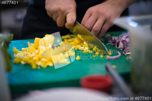 Image of Chef hands cutting fresh and delicious vegetables