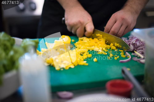 Image of Chef hands cutting fresh and delicious vegetables