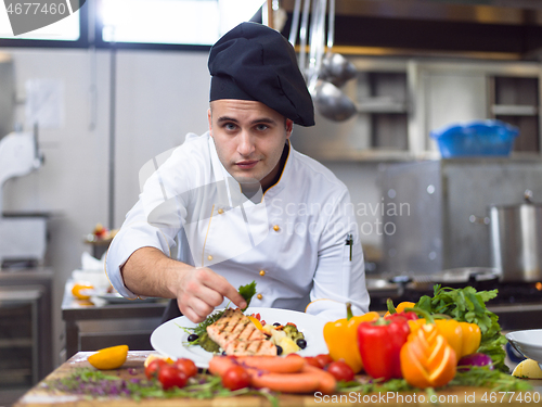 Image of cook chef decorating garnishing prepared meal