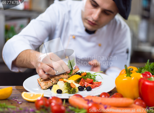 Image of cook chef decorating garnishing prepared meal