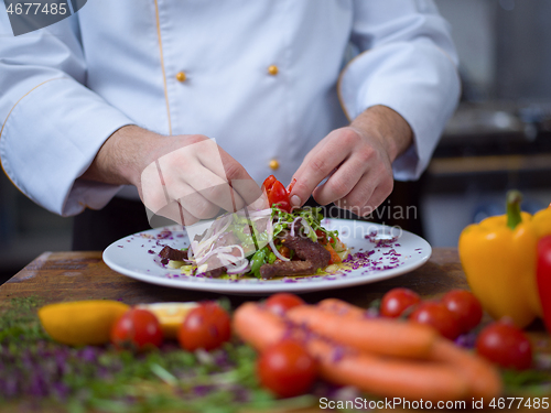 Image of cook chef decorating garnishing prepared meal