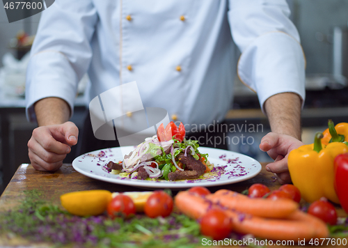 Image of cook chef decorating garnishing prepared meal