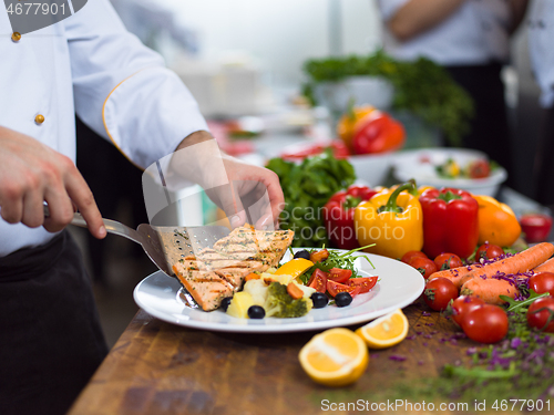 Image of cook chef decorating garnishing prepared meal