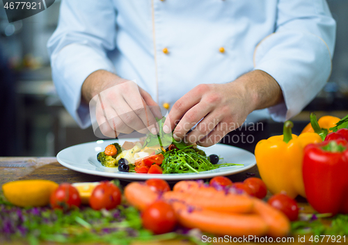 Image of cook chef decorating garnishing prepared meal