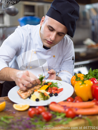 Image of cook chef decorating garnishing prepared meal