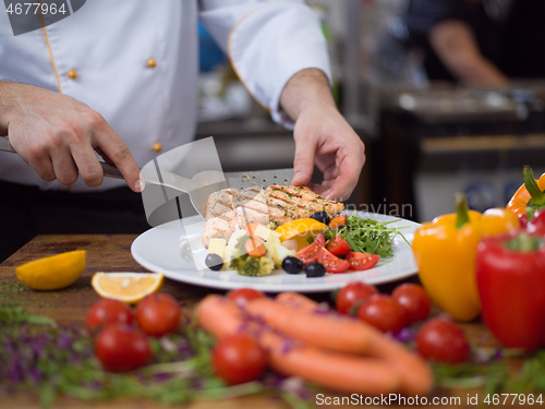 Image of cook chef decorating garnishing prepared meal