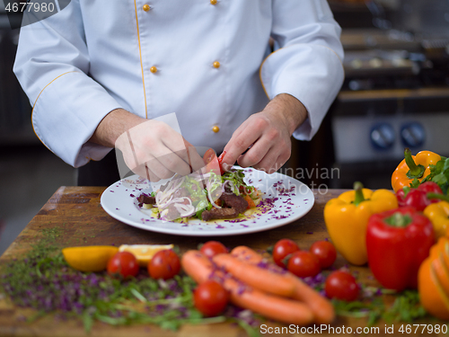 Image of cook chef decorating garnishing prepared meal