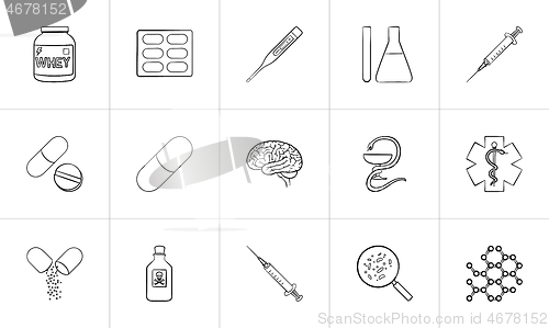 Image of Medicine hand drawn outline doodle icon set.