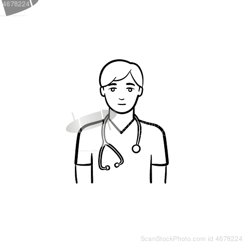 Image of Doctor with stethoscope hand drawn outline doodle icon.