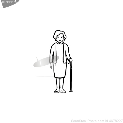 Image of Pensioner woman with cane hand drawn outline doodle icon.