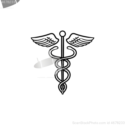 Image of Caduceus medical symbol hand drawn outline doodle icon.