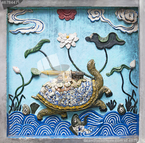Image of Hanoi, VIETNAM - JANUARY 12, 2015 - Ceramic decoration of entrance in Ngoc Son temple, Hanoi